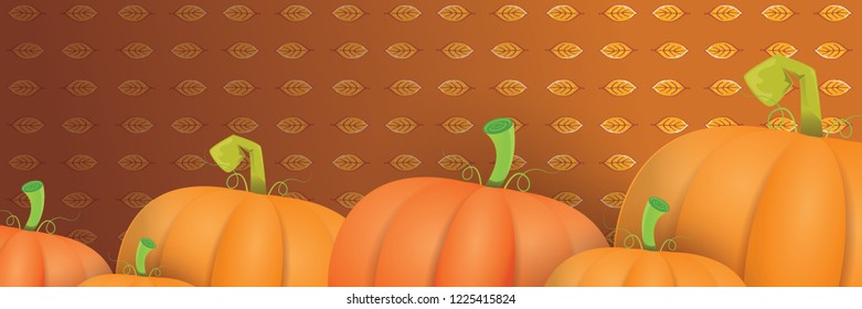 autumn vector orange pumpkins horizontal banner design template for farm market banners and thanksgiving day backgrounds. vector Pile of orange pumpkins frame or border on brown background