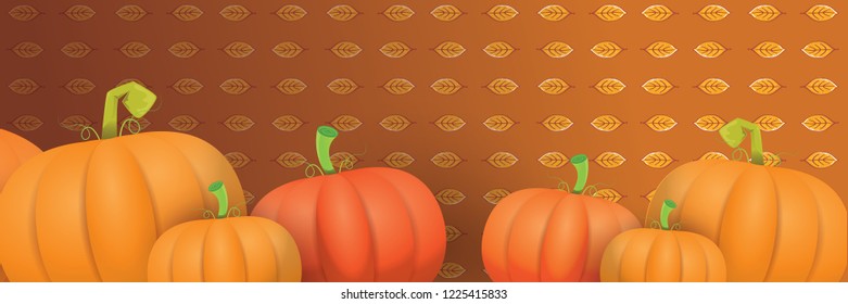 autumn vector orange pumpkins horizontal banner design template for farm market banners and thanksgiving day backgrounds. vector Pile of orange pumpkins frame or border on brown background