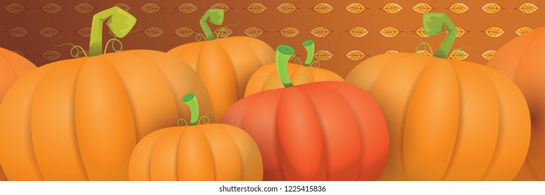 autumn vector orange pumpkins horizontal banner design template for farm market banners and thanksgiving day backgrounds. vector Pile of orange pumpkins frame or border on brown background