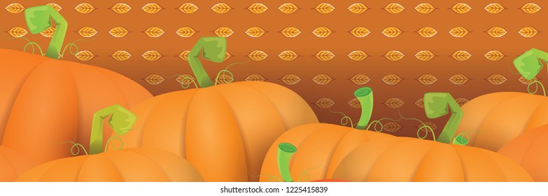 autumn vector orange pumpkins horizontal banner design template for farm market banners and thanksgiving day backgrounds. vector Pile of orange pumpkins frame or border on brown background