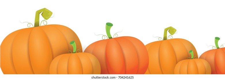 autumn vector orange pumpkins horizontal banner design template for farm market banners and thanksgiving day backgrounds. vector Pile of orange pumpkins frame or border isolated on white background