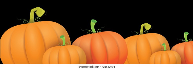 autumn vector orange pumpkins horizontal banner design template for farm market banners and thanksgiving day backgrounds. vector Pile of orange pumpkins frame or border isolated on black background