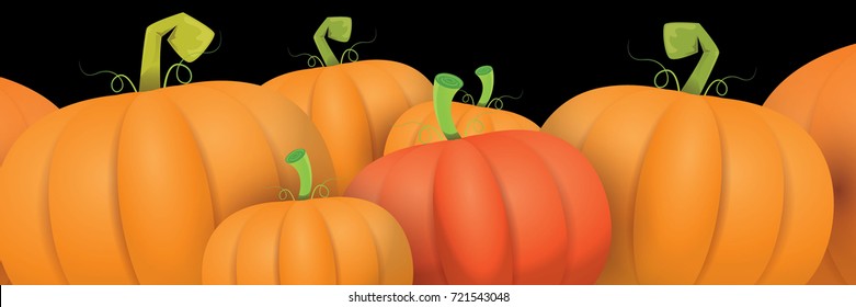 autumn vector orange pumpkins horizontal banner design template for farm market banners and thanksgiving day backgrounds. vector Pile of orange pumpkins frame or border isolated on black background