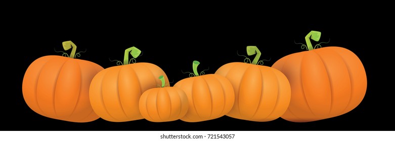 autumn vector orange pumpkins horizontal banner design template for farm market banners and thanksgiving day backgrounds. vector Pile of orange pumpkins frame or border isolated on black background