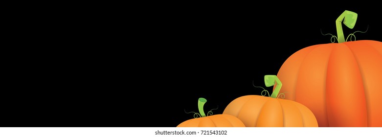 autumn vector orange pumpkins horizontal banner design template for farm market banners and thanksgiving day backgrounds. vector Pile of orange pumpkins frame or border isolated on black background