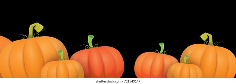 autumn vector orange pumpkins horizontal banner design template for farm market banners and thanksgiving day backgrounds. vector Pile of orange pumpkins frame or border isolated on black background