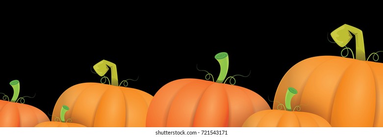 autumn vector orange pumpkins horizontal banner design template for farm market banners and thanksgiving day backgrounds. vector Pile of orange pumpkins frame or border isolated on black background