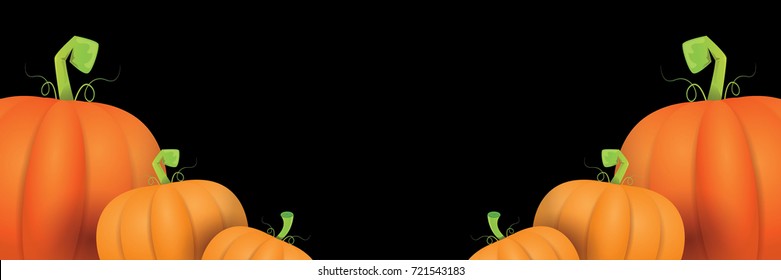 autumn vector orange pumpkins horizontal banner design template for farm market banners and thanksgiving day backgrounds. vector Pile of orange pumpkins frame or border isolated on black background