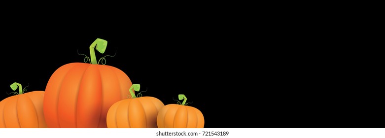 autumn vector orange pumpkins horizontal banner design template for farm market banners and thanksgiving day backgrounds. vector Pile of orange pumpkins frame or border isolated on black background