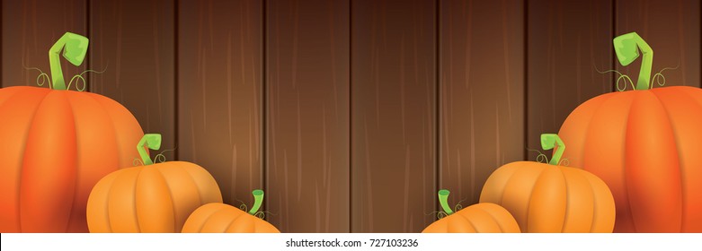 autumn vector orange pumpkins horizontal banner design template for farm market banners and thanksgiving day backgrounds. vector Pile of orange pumpkins frame or border on wooden table background
