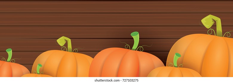 autumn vector orange pumpkins horizontal banner design template for farm market banners and thanksgiving day backgrounds. vector Pile of orange pumpkins frame or border on wooden table background