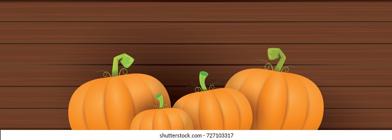 autumn vector orange pumpkins horizontal banner design template for farm market banners and thanksgiving day backgrounds. vector Pile of orange pumpkins frame or border on wooden table background