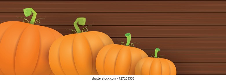 autumn vector orange pumpkins horizontal banner design template for farm market banners and thanksgiving day backgrounds. vector Pile of orange pumpkins frame or border on wooden table background