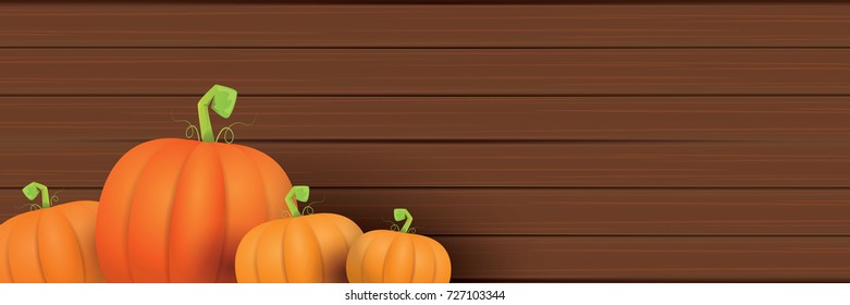 autumn vector orange pumpkins horizontal banner design template for farm market banners and thanksgiving day backgrounds. vector Pile of orange pumpkins frame or border on wooden table background