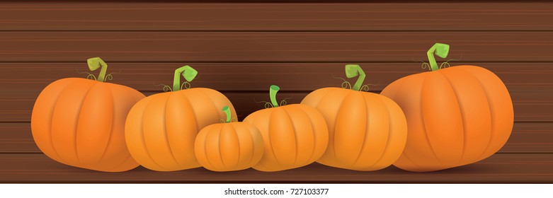 autumn vector orange pumpkins horizontal banner design template for farm market banners and thanksgiving day backgrounds. vector Pile of orange pumpkins frame or border on wooden table background