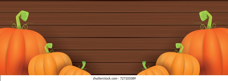 autumn vector orange pumpkins horizontal banner design template for farm market banners and thanksgiving day backgrounds. vector Pile of orange pumpkins frame or border on wooden table background
