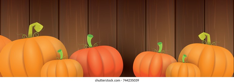autumn vector orange pumpkins horizontal banner design template for farm market banners and thanksgiving day backgrounds. vector Pile of orange pumpkins frame or border on wooden table background
