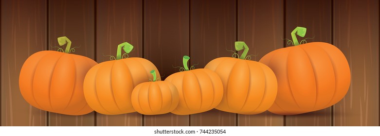 autumn vector orange pumpkins horizontal banner design template for farm market banners and thanksgiving day backgrounds. vector Pile of orange pumpkins frame or border on wooden table background