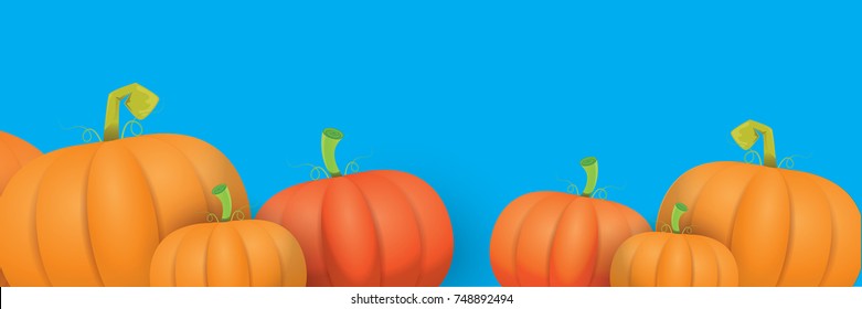 autumn vector orange pumpkins horizontal banner design template for farm market banners and thanksgiving day backgrounds. vector Pile of orange pumpkins frame or border on blue sky background