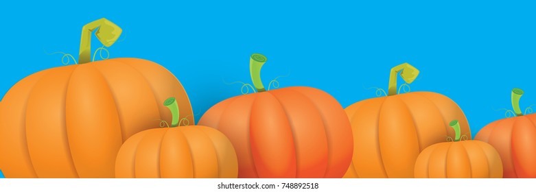 autumn vector orange pumpkins horizontal banner design template for farm market banners and thanksgiving day backgrounds. vector Pile of orange pumpkins frame or border on blue sky background