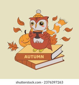 Autumn Vector With Owl Holding a Cup of Tea
