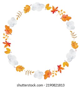 Pinturas vectoriales de otoño con hojas y nubes con espacio de copia sobre fondo blanco. Ilustración de caída estacional con follaje