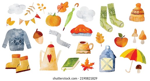 Autumn vector paintings with seasonal elements as clothes, boots, umbrella and leaves. Beautiful paintings with pumpkin, warm socks and book as fall symbols