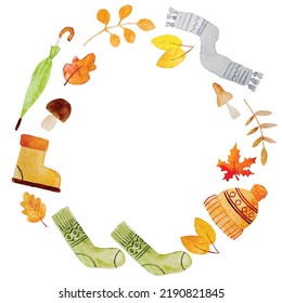 Autumn vector paintings with seasonal elements as scarf, boots, umbrella and leaves with copyspace. Beautiful paintings with hat warm socks and mushroom as fall symbols