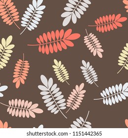 Autumn vector pattern. Hand draw autumn colorful leaves. Dark brown  background.