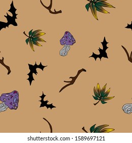 
Autumn vector pattern. Vector horns, leaves, bats, fly agarics. For printing on boxes, postcards, items, shops, children's clothing, furniture, wrapping paper.