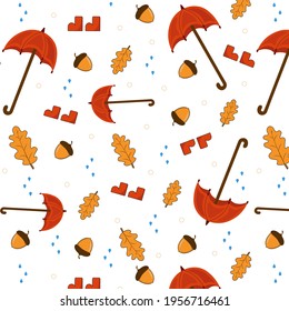 Autumn vector pattern with images of acorns, oak leaves, umbrellas and raindrops. Seamless cartoon pattern for notebooks, covers, paper, and backgrounds