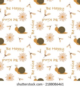  Autumn vector pattern with mushrooms, snails, daisies, maple seeds and lettering. Motivational sayings - Be kind, Be happy, Be nice. Gift paper, wallpaper, pattern, scrub booking.