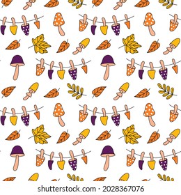 Autumn vector pattern of mushrooms, twigs and leaves in the doodle style. Colorful cartoon illustration with toadstools for creating potions. For printing on fabric, packaging, paper, etc.