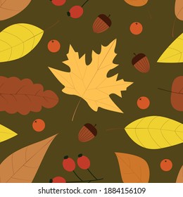 Autumn vector pattern on olive background for packaging, notebooks, textile, postcards, wallpapers and souvenirs