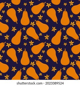 autumn vector pattern with pumpkins and leaves on a dark blue background