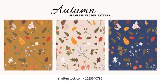 Autumn vector pattern in retro colors with flowers, leaves, cones, nuts and mushrooms. Seamless background.
