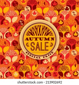 Autumn vector pattern with Sale sign, trees, maple leaves and birds. Bright color color seamless background. 