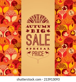 Herbst-Vektormuster mit Sale Typografie, Bäume, Ahornblätter und Vögel. Helle Farbe, nahtloser Hintergrund.