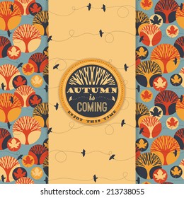 Autumn vector pattern with Typography, trees, maple leaves and birds. Vintage color seamless background. 