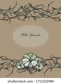 Autumn vector postcard backgrounds with twigs and pumpkins. Halloween handdrawn branch vignettes and frames. Floral illustration forest fairytails. Drawn fall decorations.