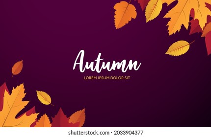 Autumn. Vector poster template with copy space. Colorful falling leaves and inscription Autumn on lilac backdrop