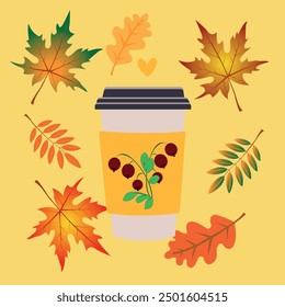 Autumn vector print. A fragrant glass of coffee and bright leaves.
