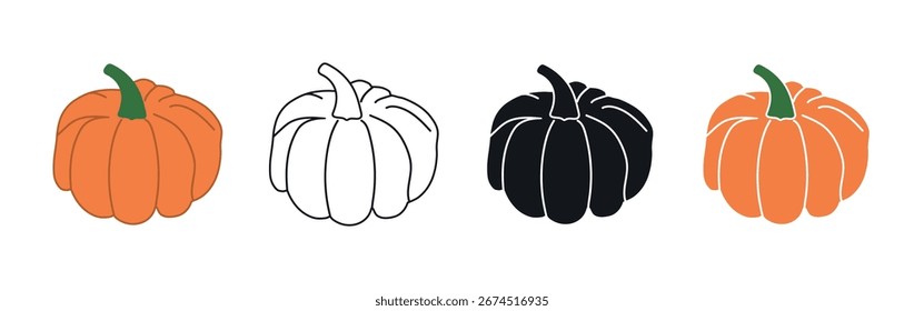 Conjunto de calabazas de Vector de otoño para el Día de Acción de Gracias y Halloween. Ilustración plana en color, línea, sólido y silueta. 