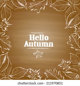 Autumn  vector retro poster with  white hand drawn leaves