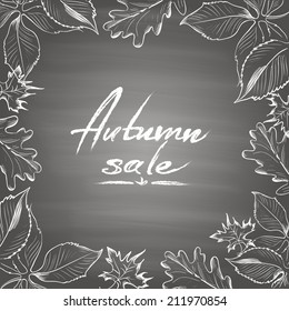 Autumn  vector retro poster with  white hand drawn leaves