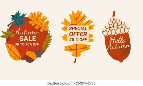 Autumn vector sale budges set. Fall discount collections labels with different cute cartoon elements. 