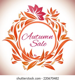 Autumn vector sales label.  Abstract floral circle label. Rich drawing elements.