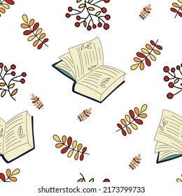 autumn vector seamless endless pattern. leaves and books on a white background.