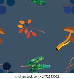 Autumn vector seamless pattern with berries, acorns, pine cone, mushrooms, branches and leaves. Fall colorful background. Fashion, fabric and prints, wrapping paper.