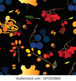 Autumn vector seamless pattern with berries, acorns, pine cone, mushrooms, branches and leaves. Fall colorful background. Fashion, fabric and prints, wrapping paper.